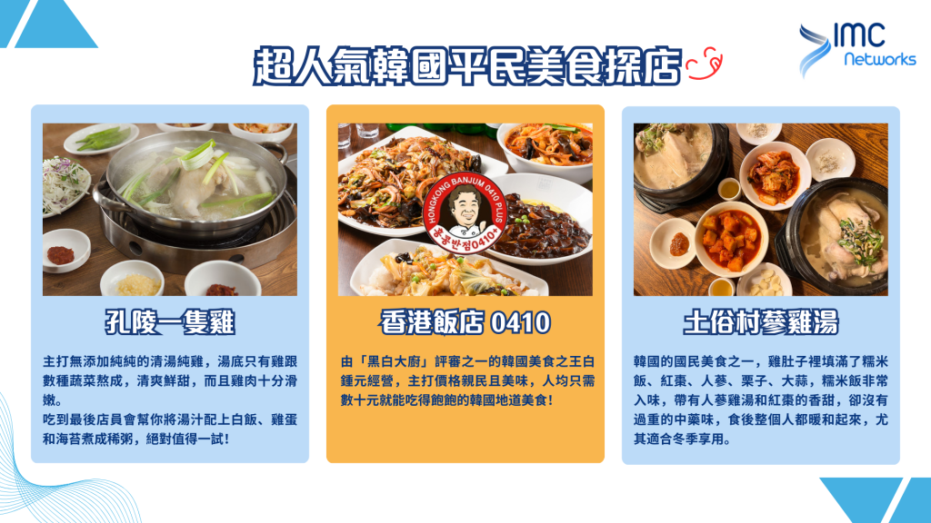 超人氣韓國平民美食：白種元香港飯店、孔陵一隻雞、土俗村蔘雞湯｜好用韓國數據卡、漫遊卡｜IMC Networks